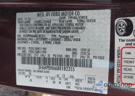 2011 Ford Fusion Se from USA, damaged, VIN 3FAHP0HA6BR182355